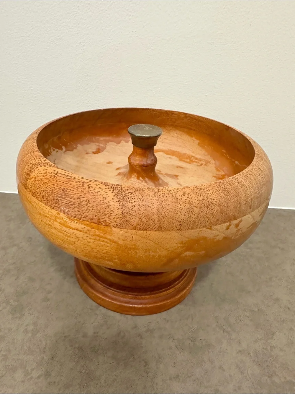 Vintage Hand-Turned Wood Pedestal Nut Bowl Warm Honey Brown Brass Cracking Anvil